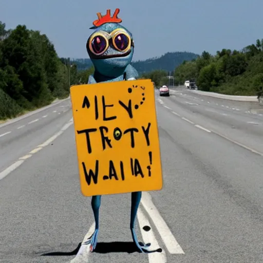 Prompt: anthropomorphic frog protesting on a freeway