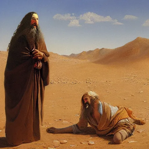 Image similar to Richard Stallman in the desert, in the style of Christ in the Wilderness by Ivan Kramskoi, painting, trending on arstation