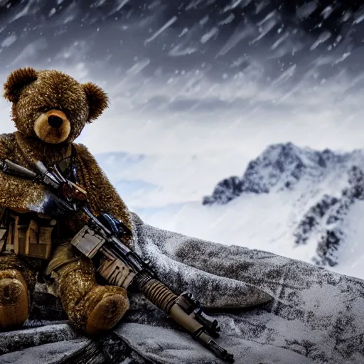 Image similar to cinematic shot of a teddy bear as a special forces soldier holding a sniper rifle in a snowy mountain range, 8 k, depth of field, very detailed,