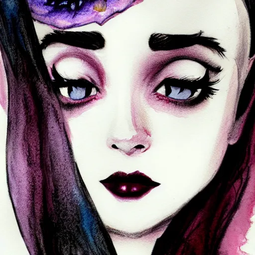 Prompt: an adorable vampire fairy inspired by audrey hepburn and kristen ritter, 8 k resolution whimsical watercolor pencil drawing, deviantart artstation