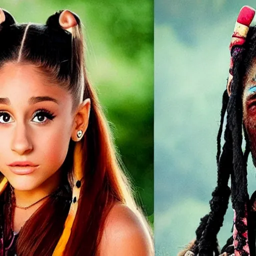 Image similar to ariana grande as a native american with The Predator behind her, colour, photography, realistic,