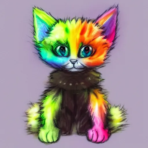 Image similar to wide angle full body, of a fluffy cute rainbow kitten wearing a black motorcycle jacket, concept art