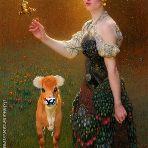 Image similar to portrait of a female lady cow wearing a dress. furaffinity farm fantasy highly detailed painting by gaston bussiere craig mullins jc leyendecker gustav klimt artgerm greg rutkowski john berkey, bergey, craig mullins, ruan jia, raymond swanland, jeremy mann, tom lovell, alex malveda