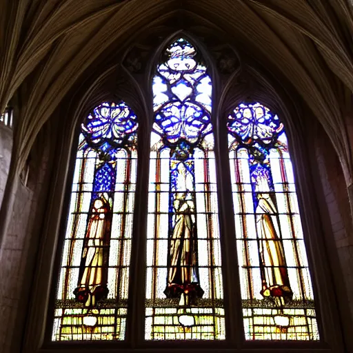 Prompt: majestic view of a stained glass window in a cathedral, lightbeams shining through