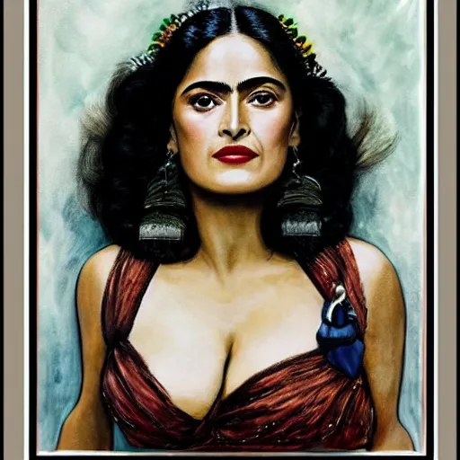 Image similar to salma hayek portrait, style by frida kahlo, art deco, portrait,