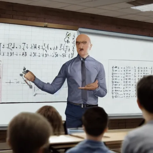 Prompt: a photorealistic photograph of a muscular economist teaching high school math. Trending on Artstation, featured on Behance, well-rendered, Unreal Engine, 4K HD