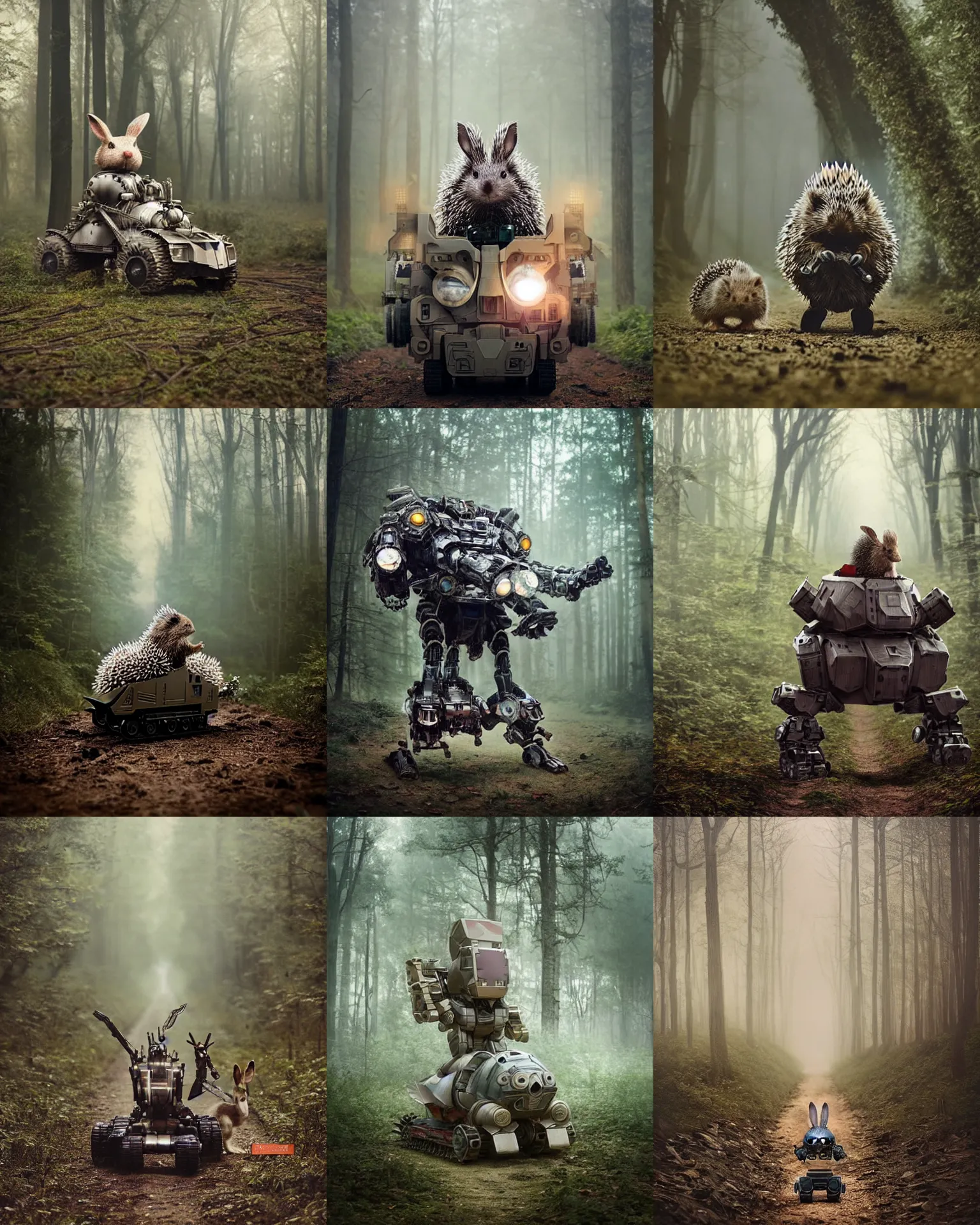 Prompt: hedgehog riding mecha robot war armor battle train as giant rabbit with long ears ,in deep forest hungle , full body , Cinematic focus, Polaroid photo, vintage , neutral dull colors, soft lights, foggy mist , by oleg oprisco , by thomas peschak, by discovery channel, by victor enrich , by gregory crewdson
