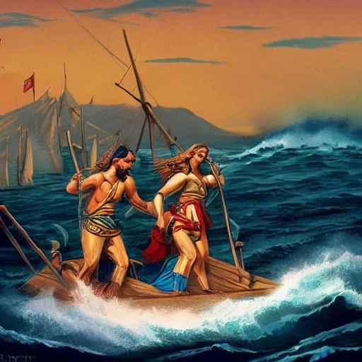 Image similar to Phoenician sailors discovering the Americas, pulp art, trending on artstation, dramatic, epic