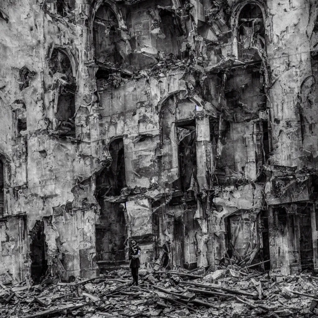 Prompt: dramatic portrait of a lone nazi soldier standing in the ruins of a synagogue church by bill sienkiewicz, hyperdetailed mixed media painting, dark atmosphere, hyperrealism, film noir, photorealism, high contrast 8k