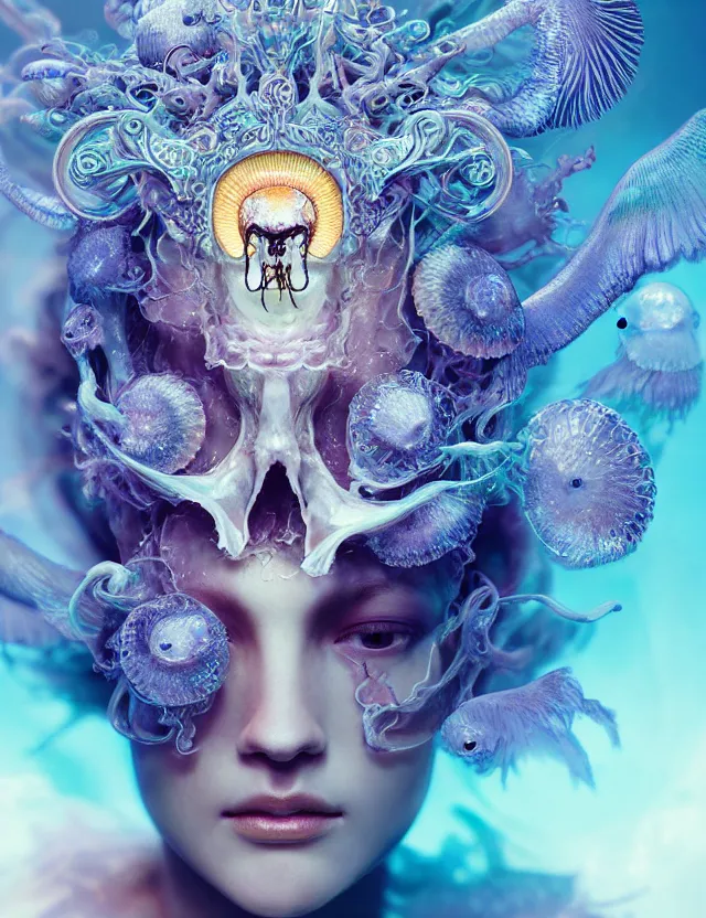 Image similar to goddess close - up portrait wigh crown made of ram skull. betta fish, jellyfish skeleton phoenix, bioluminiscent, plasma, ice, water, wind, creature, super intricate ornaments artwork by tooth wu and wlop and beeple and greg rutkowski