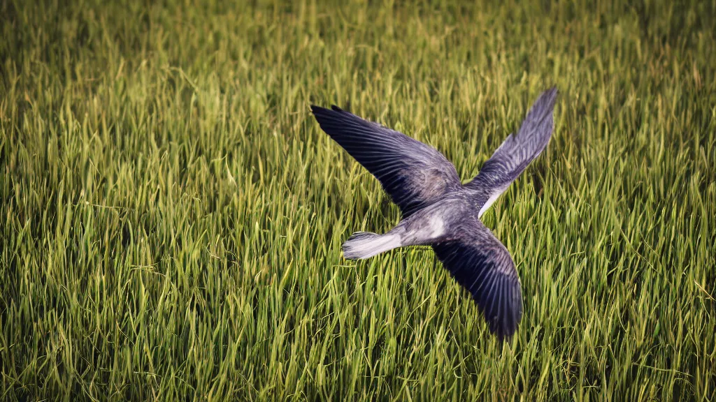 Prompt: a bird flying above a grass with motion blur effect