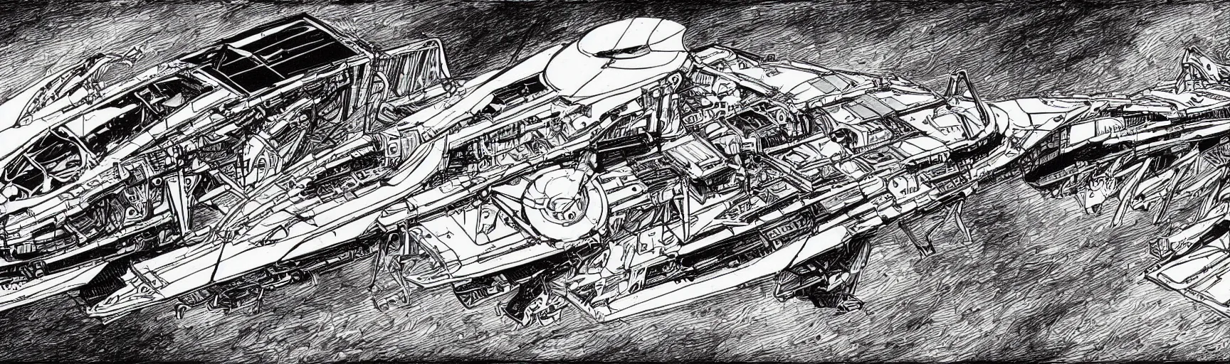 Image similar to A black and white sketch of a spaceship. sleek angular space cruiser. retro ship design. wires and mechanical parts. intricate detail. colourful art by moebius.
