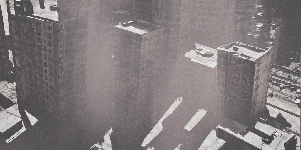 Prompt: analog polaroid photograph of an abandoned concrete city block, seen from above, drone footage, bright sun reflection in the water, lensflare, film grain, azure tones, red color bleed