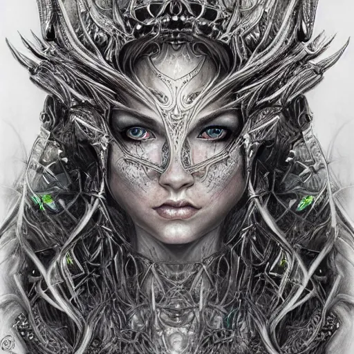 Image similar to hyper realistic pencil drawing of a eldritch queen, intricate detail, beautiful, battle armor, war, fight, light, dragon, colorful by anna dittmann-C 6