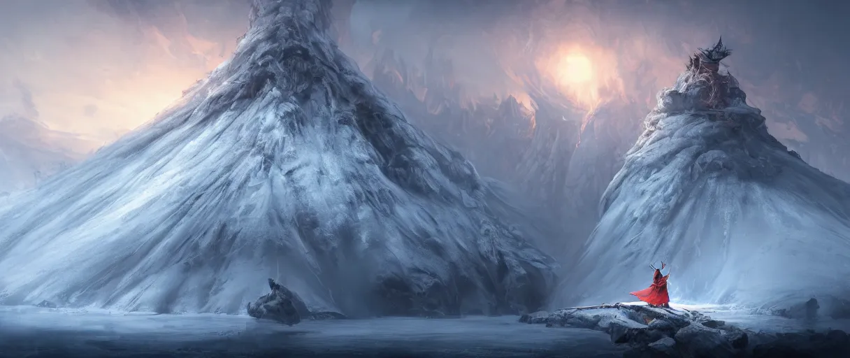 Image similar to digital painting of a frozen ice covered volcano, style sekiro, concept art, high angle, high detail, cold lighting, dark, vivid, beautiful, trending on artstation, by Jordan grimmer, no focus, huge scene, terrain visible