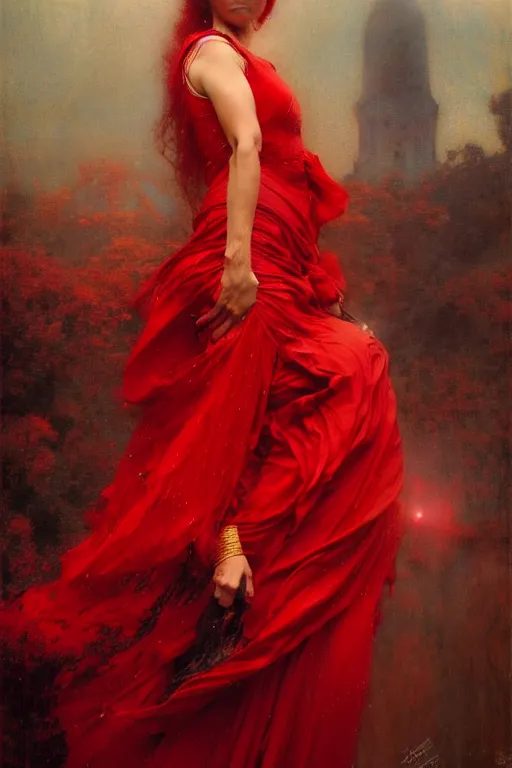 Image similar to a full body portrait of a good - lookiung girl wearing red gown, high detail, cleary see face, by gaston bussiere, bayard wu, greg rutkowski, odd nerdrum, maxim verehin, dan dos santos, masterpiece, sharp focus, cinematic lightning