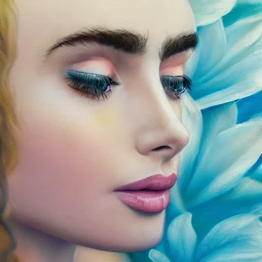 Image similar to portrait of a beautiful blonde queen girl lily collins, floating under the deep dream water, beautiful smooth soft light + white petal, oil paint, closeup, 4 k, highly detailed, instagram,