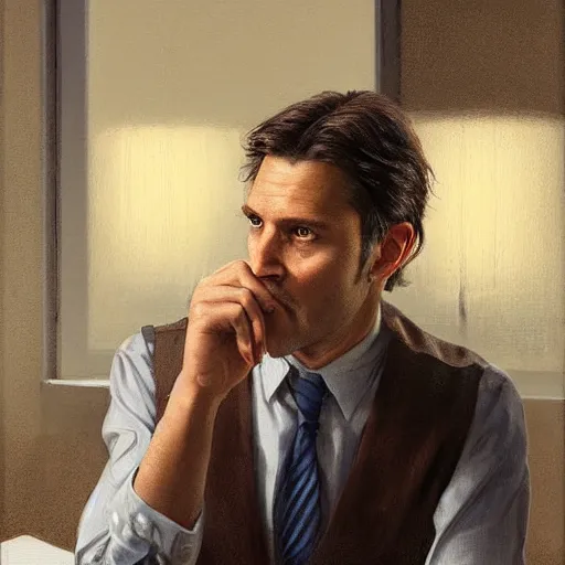 Image similar to scene at office with an handsome man of 3 9 years old, green eyes, light brown, good looking, wide round nose, mid long hair, in an office by david rutkowski, by artgem