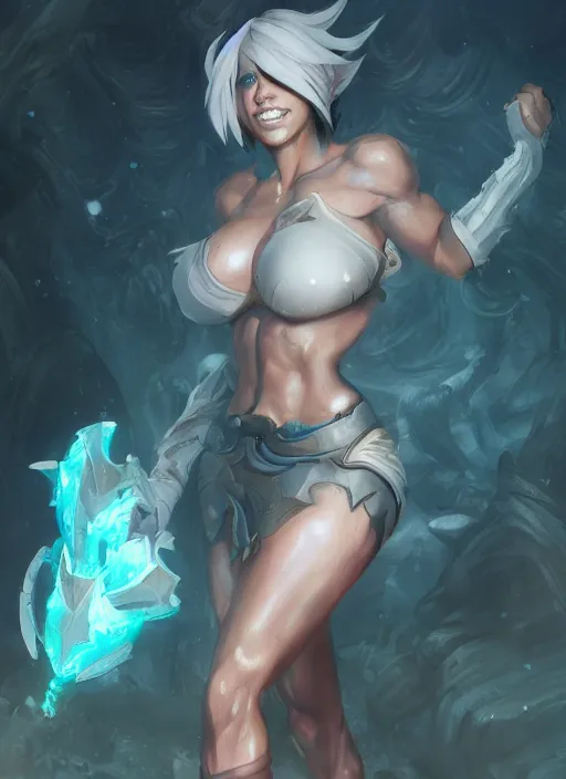 Image similar to riven from league of legends, with abs, au naturel, hyper detailed, digital art, trending in artstation, cinematic lighting, studio quality, smooth render, unreal engine 5 rendered, octane rendered, art style by klimt and nixeu and ian sprigger and wlop and krenz cushart