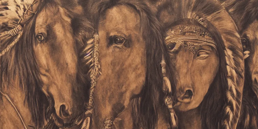 Image similar to realistic portrait of native americans with horses, golden, 1 4 5 0, ink, ultra realistic, 8 k