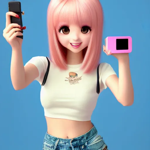 Image similar to A Selfie portrait of Nikki from Shining Nikki and Love, a cute 3d cgi toon young woman with long light pink hair, full bangs, hazel eyes, full face, light makeup, pale skin, Chinese heritage, cute outfit, medium shot, mid-shot, hyperdetailed, 8k, trending on artstation, as a Pixar character