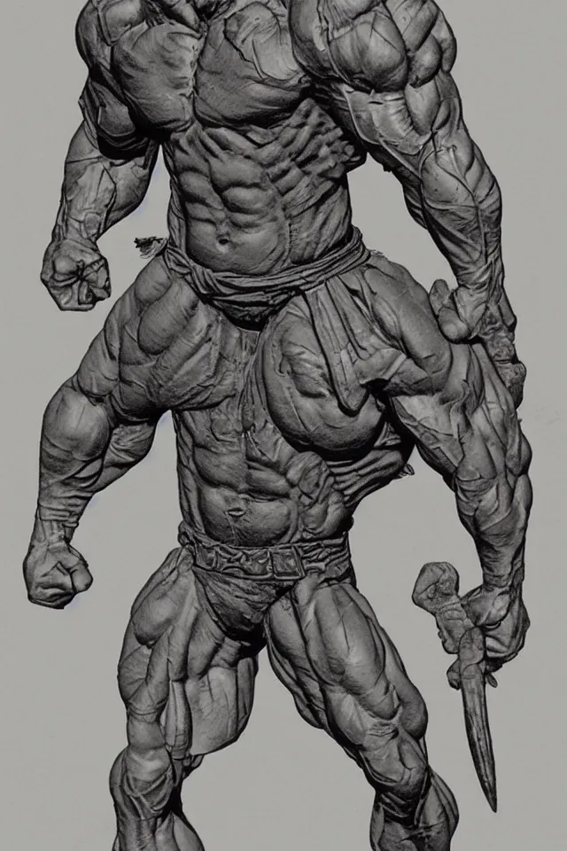 Prompt: full-length figure of a muscular warrior,in the style of Bernie Wrightson