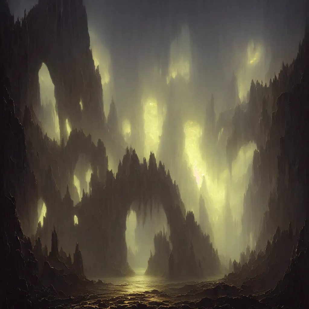 Prompt: beautiful painting of a dark eternal fantasy gates, by Albert Bierstadt and Filip Hodas, trending on ArtStation.'