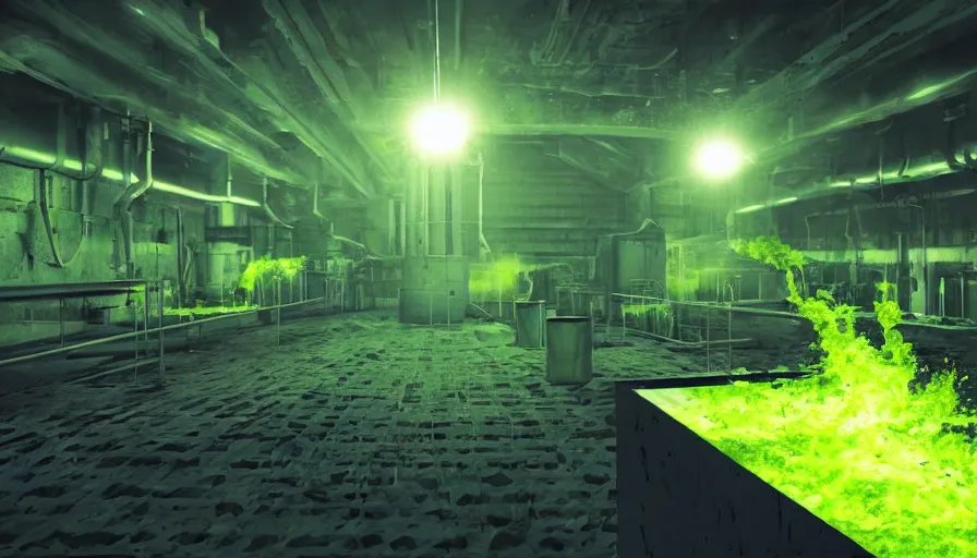 Image similar to Glowing Nuclear Waste Fluids Gush out of a Nuclear Facility, Dystopian, Hyperrealistic Rendering, Cinematic Lighting, High Contrast