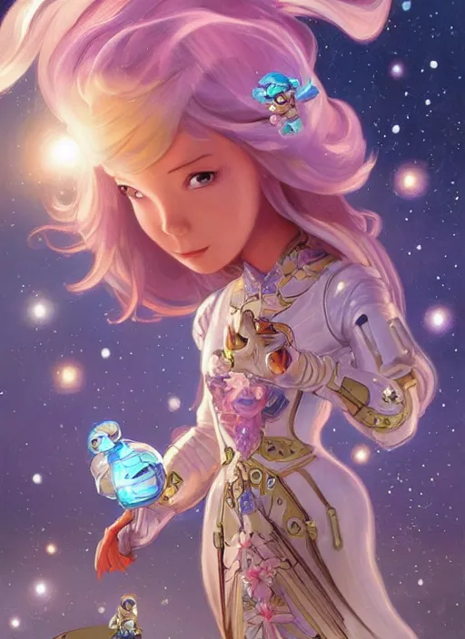 Image similar to beautiful space cottagecore princess rosalina holding a chibi robot wearing a scifi jetsuit, intricate bioluminescent highly detailed, digital painting, artstation, concept art, smooth, sharp, focus, illustration, art by artgerm and ilya kushvikov and alphonse mucha