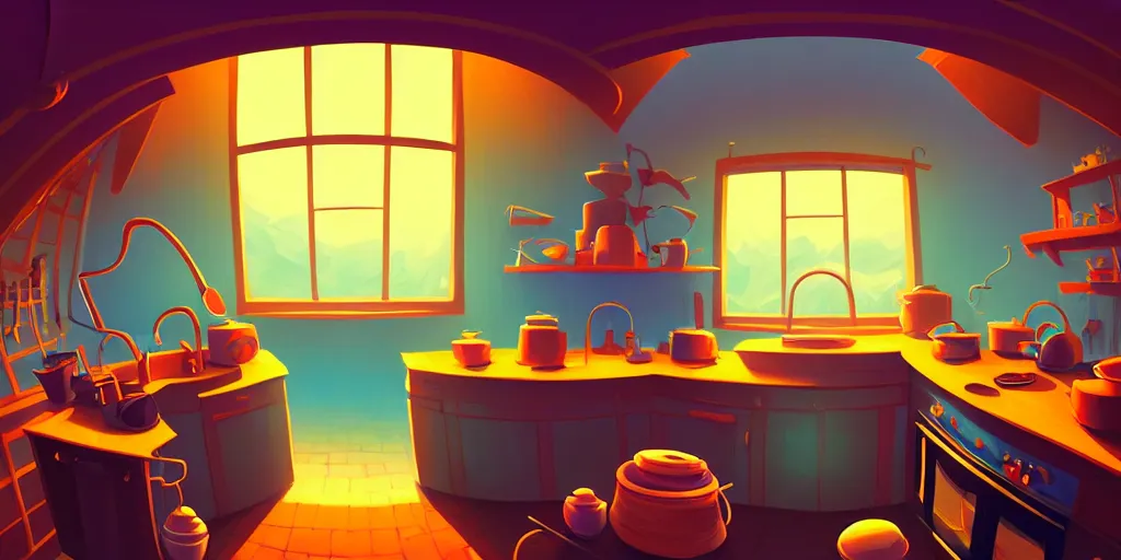 Image similar to spiral lines, naive nerikomi, weird perspective, extra narrow, detailed illustration of a kitchen dim lit by flashlight in a scenic spiral environment by rhads from lorax movie, trending artstation, true color, fisheye