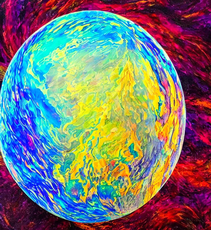 Image similar to an acrylic pour illustration of an intricate and faceted crystal ball with a world inside of it + impasto + dissolving in to light + prism + god rays + dramatic lightning + backlit + specular + caustics