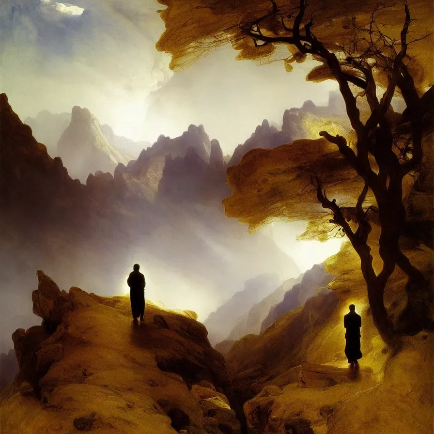 Prompt: artwork about a lonely man walking deserted hills serpenting in the distance, painted by thomas moran and albert bierstadt. monochrome color scheme.