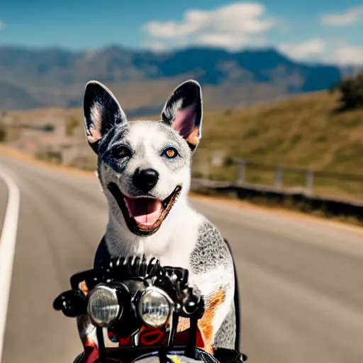 Image similar to blue heeler dog on a motorcycle, 8 k photography, blurred background of a wafflehouse