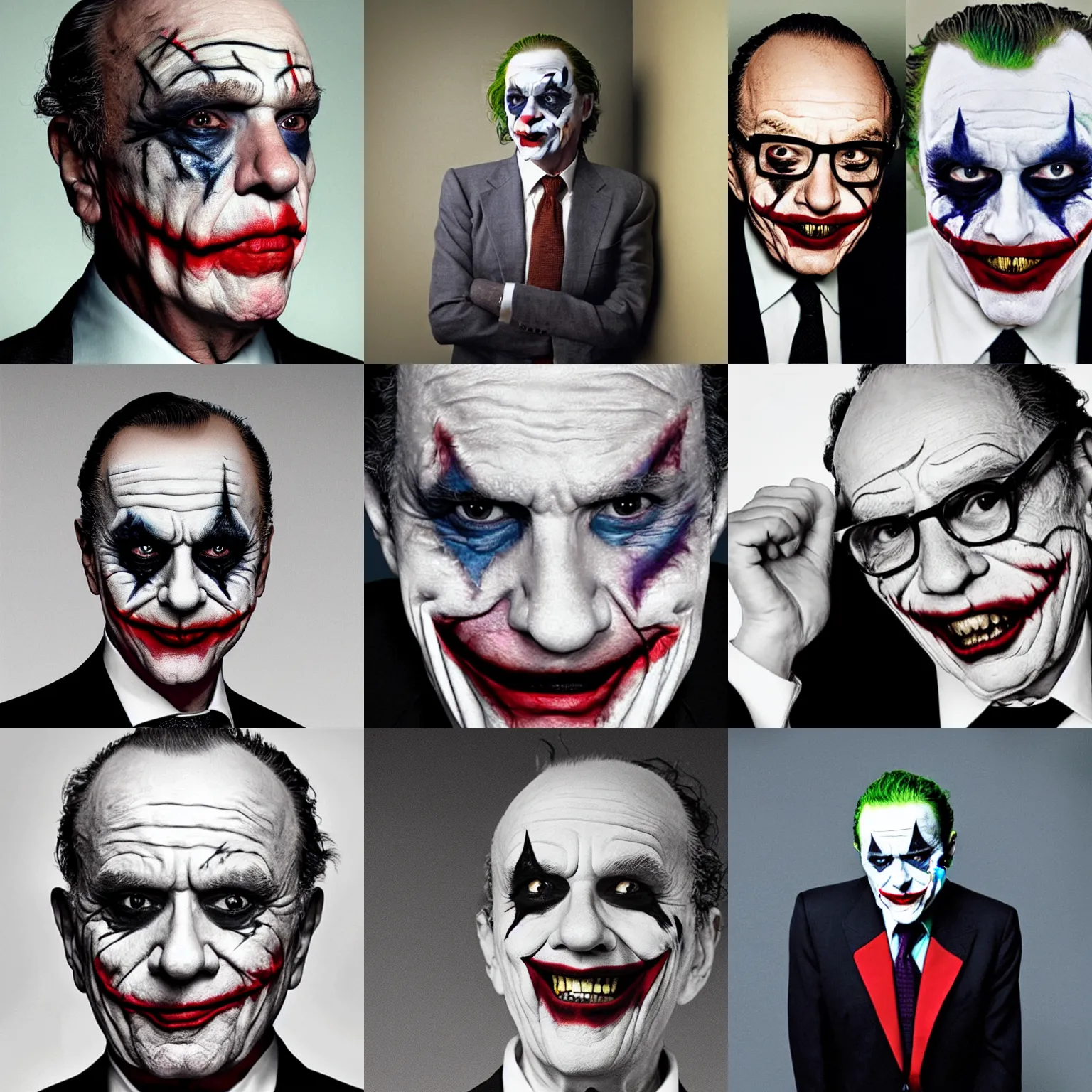 Prompt: Rupert Murdoch as Heath Ledger\'s joker, joker makeup, portrait photography