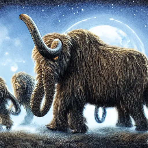 Prompt: a wooly mammoth fighting a herd of saber tooth lions, illustration, digital art