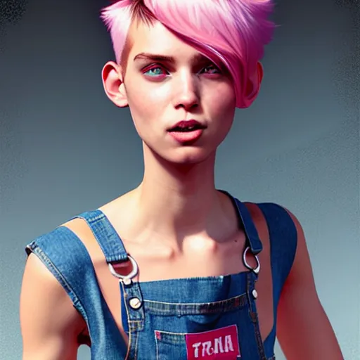 Image similar to full body pose, pixar, beautiful androgynous girl, pink pixie cut hair, torn overalls, short shorts, combat boots, fishnets, beautiful, highly detailed face, true anatomy!, extremely detailed!, digital painting, unreal engine 5, art by tom bagshaw