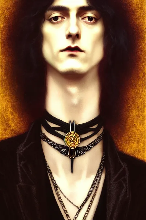 Prompt: a beautiful androgynous man, long hair, tall and thin, dressed in velvet, rock star, young jimmy page, wearing several pendants and a choker, vampire, illustration, dramatic lighting, soft details, painting, art nouveau, octane render, 8 k, hd, by edmund blair leighton, brom, charlie bowater, faces by otto schmidt
