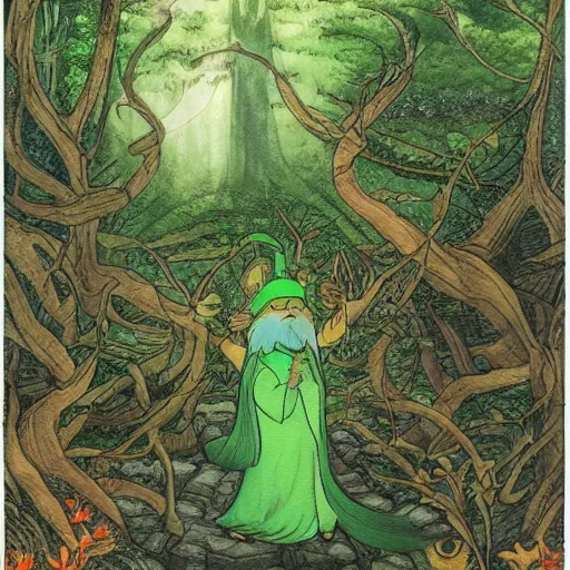 Prompt: a green genie ready to grant wishes deep in the forest, fantasy illustration, Miyazaki