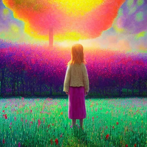 Prompt: gigantic flower face, girl standing in flower field, surreal photography, big trees, sunrise dramatic light, impressionist painting, colorful clouds, digital painting, pointillism, artstation, simon stalenhag