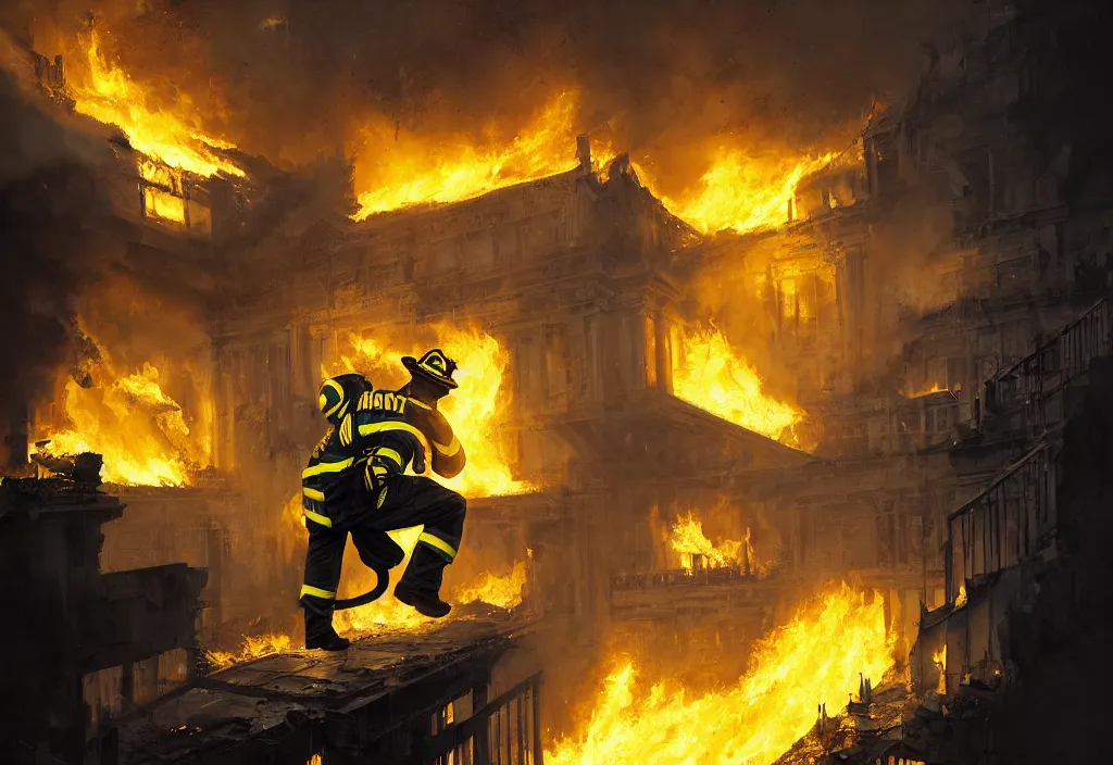 Image similar to an heroic firefighter in action in black and yellow uniform, inside the white house, fire flames, sharp details, sharp focus, photorealistic, octane, hyper detailed, trending on deviantart, illustration, by jordan grimmer and greg rutkowski and pine ( ハイネ ), intricate