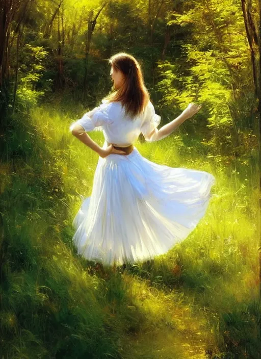 Prompt: A girl wearing a white skirt in the forest, by Vicente Romero Redondo