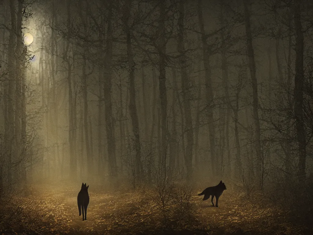 Image similar to a large wolf walking on a dark path through the forest at night under a full moon, 4 k, photorealistic, matte painting,