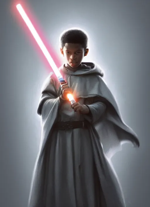 Image similar to perfectly - centered - portrait of a kid wearing grey cloak holding light saber, intricate, highly detailed, digital painting, artstation, concept art, smooth, sharp focus, illustration, unreal engine 5, 8 k, art by artgerm and greg rutkowski and alphonse mucha