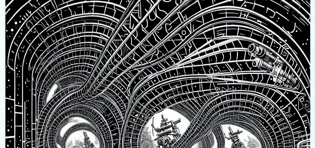 Image similar to a double helix dna cyberpunk steampunk carved archway in space, high details, lineart, by vincent di fate and joe fenton, inking, screen print, masterpiece, trending on artstation, sharp, high contrast, hyper - detailed,, hd, 4 k, 8 k