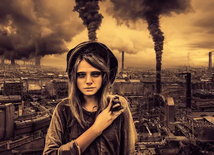 Prompt: mysterious sad rotten girl wrapped in smoke observing a big industrial city metropoli in the distance, cloudy sky, highly detailed, detailed face, intricate complexity, epic composition, magical atmosphere, cinematic lighting, masterpiece, color picture, ultra hd