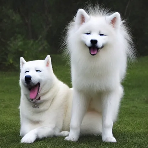 Prompt: a photo of a samoyed dog with its tongue out hugging a white siamese cat
