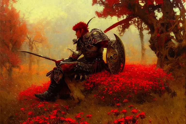 Image similar to winter, a male warrior wearing armor relaxing under a world tree with red flowers, ground covered with snow, extreme long shot, fantasy, painting by gaston bussiere, craig mullins, j. c. leyendecker, trending on artstation