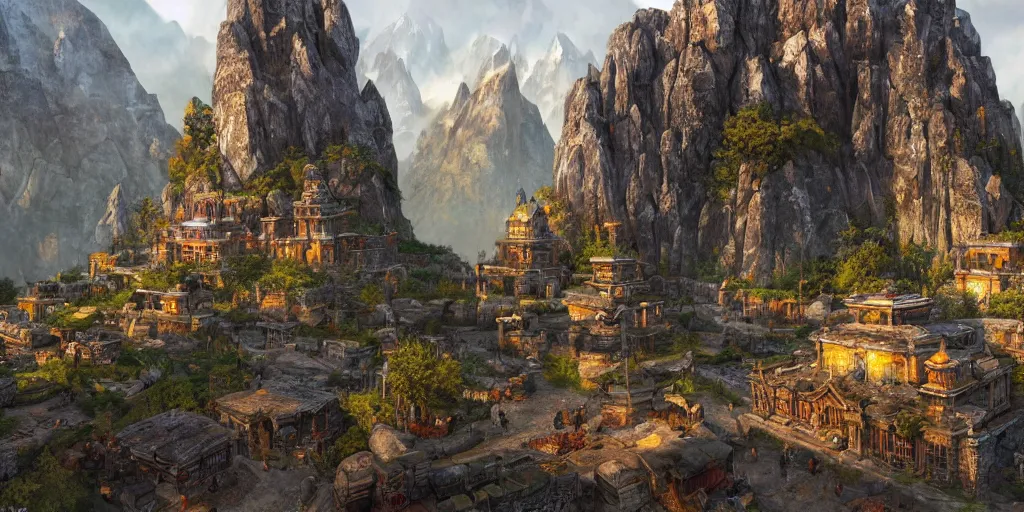 Image similar to An underground dwarven city as Far Cry 4 concept art, spring season, beautiful, gorgeous buildings, concept art by Viktor Vasnetsov, concept art, ancient era, warm lighting, soft pastel by Ivan Shishkin, Dimitri Desiron and Antonio Lopez Garcia, hyperborea, high resolution, trending on artstation,