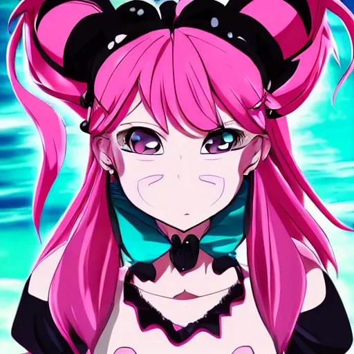 Image similar to stunningly beautiful omnipotent megalomaniacal anime goddess who looks like junko enoshima with porcelain skin, pink twintail hair and mesmerizing cyan eyes, symmetrical perfect face smiling in a twisted, mischievous, devious and haughty way while looking down upon the viewer and taking control, mid view, hyperdetailed, 2 d, 8 k