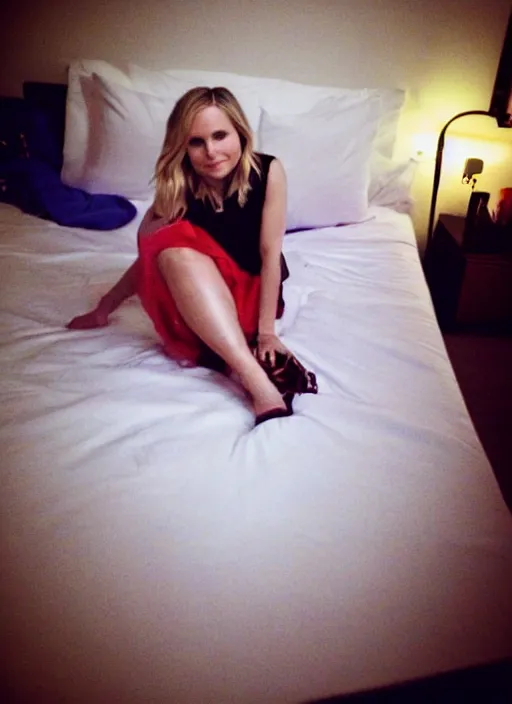 Image similar to ( first person view, my pov )!!!!!!!!, kristen bell on my bed looking at me, on my bed